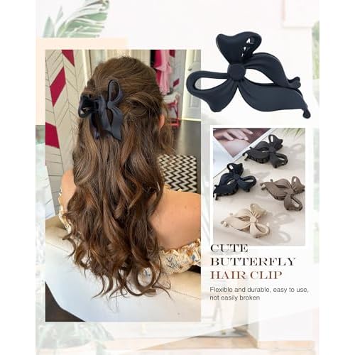 4 PCS Bow Hair Clips Bow Claw Clip for Women, Large Hair Claw Clips for Thin Thick Long Hair Cute Nonslip Bows (Black+Grey+Dark Brown+Light Brown)