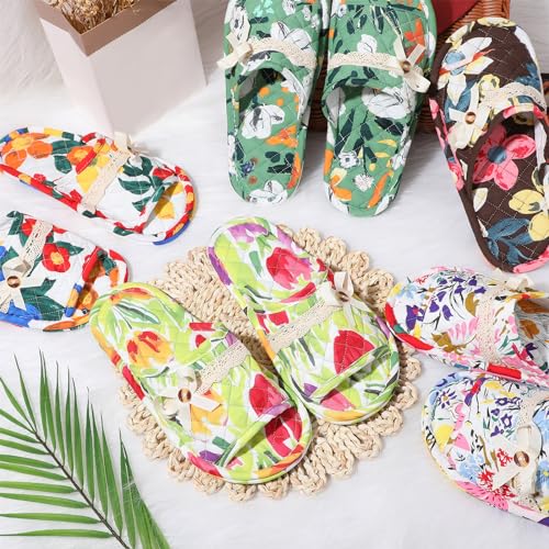 Chuarry 5 Pairs Floral Cotton House Slippers for Women, Soft Open Toe Indoor Spa Slippers for Guests Non Slip Washable Comfortable Portable Shoes for Hotel Travel Bedroom Airplane Party