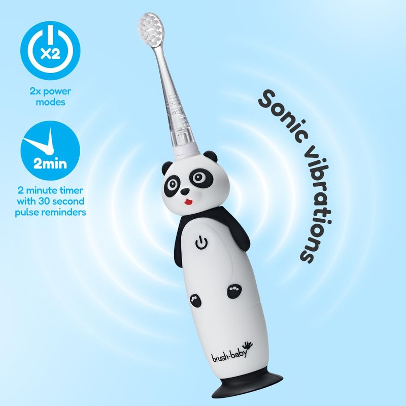 BrushBaby - WildOnes - Kids Rechargeable Electric Toothbrush, Ages 0-10 - Panda Design with Flashing Lights - DeepClean Bristles for Superior Cleaning - 2 Replacement Brush Heads, 1 USB Cable