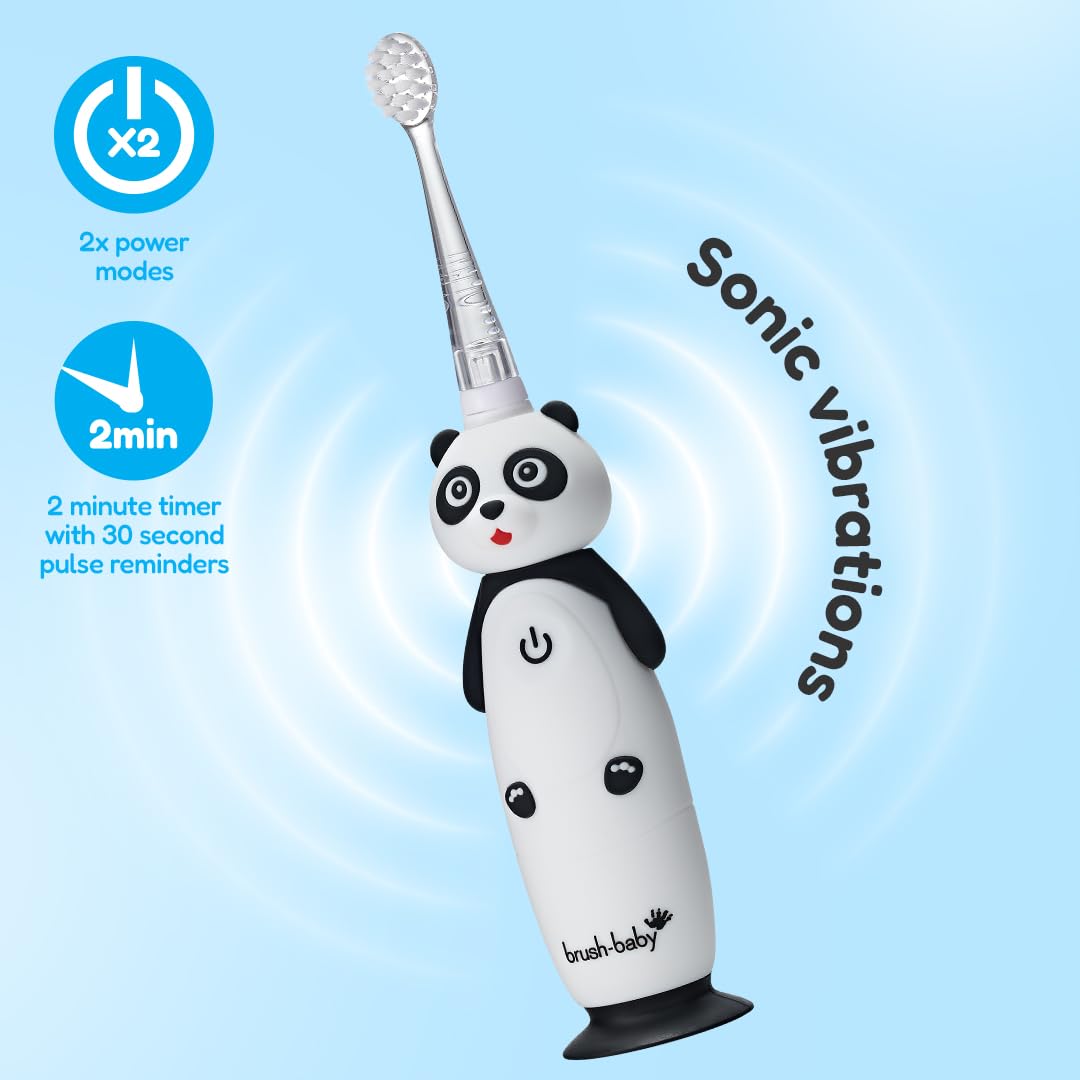 BrushBaby - WildOnes - Kids Rechargeable Electric Toothbrush, Ages 0-10 - Panda Design with Flashing Lights - DeepClean Bristles for Superior Cleaning - 2 Replacement Brush Heads, 1 USB Cable