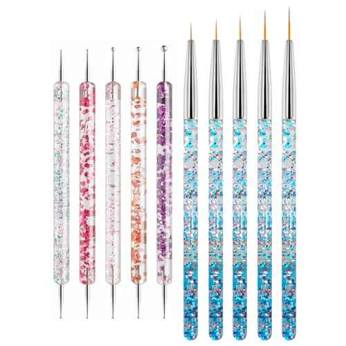 Nail Art Tool Set - 5 Dotting Tools & 5 Nail Liner Brushes for Salon, Professionals & Beginners