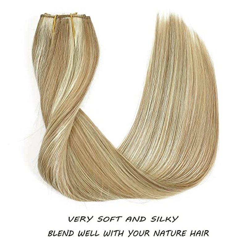 Star Show Wire Hair Extension Human Hair For Women Ash Blonde 16# with Bleach Blonde 613# Natural Straight Hair One Piece for Full Head (16 inch, Highlight Color #16/613)