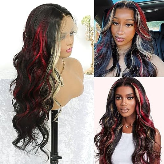 Highlight Red Skunk Stripe Blonde Synthetic Lace Front Wig Glueless Long Wavy Colored Mixed Red Black 13x4 Lace Front Wigs for Women Pre Plucked with Baby Hair 24 Inches 150 Density