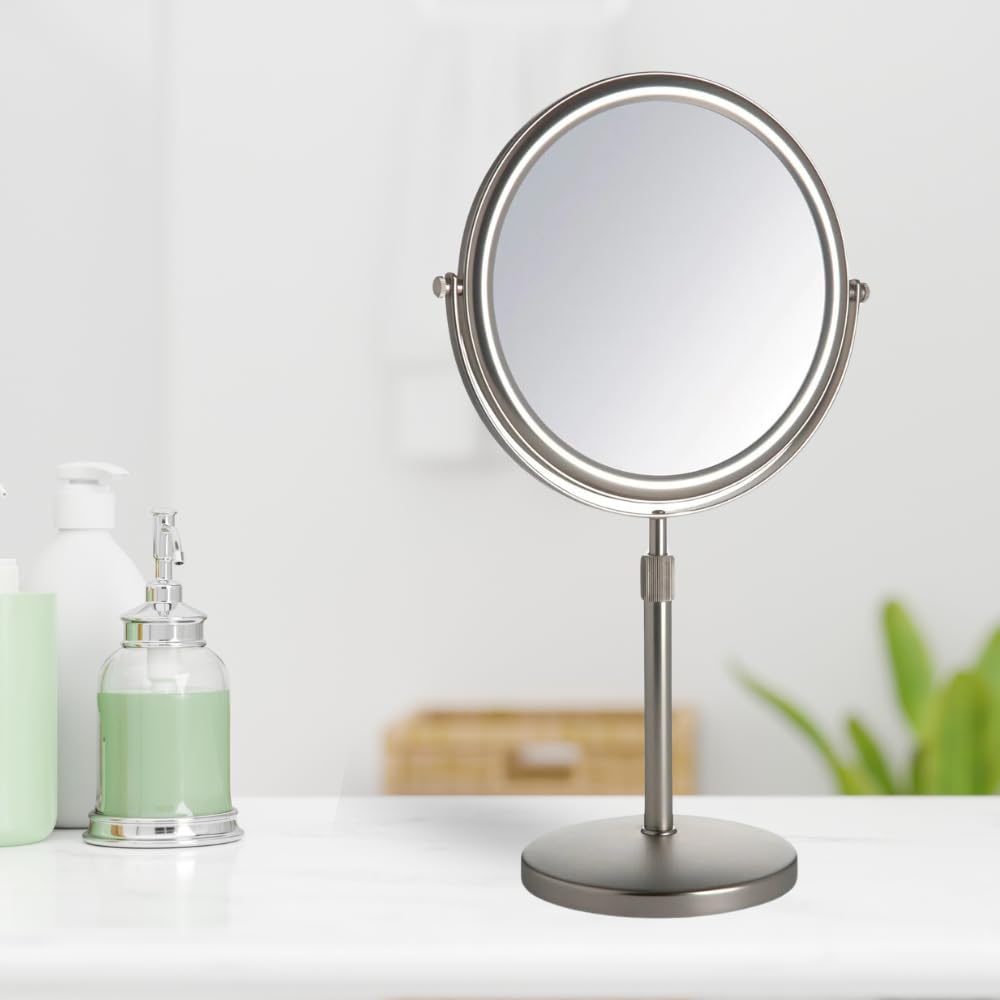 JERDON Two-Sided Tabletop Makeup Vanity Mirror - 5X-1X Magnification & Swivel Design - 9-Inch Diameter Mirror with Adjustable Height - Nickel Finish - Model JP4045N
