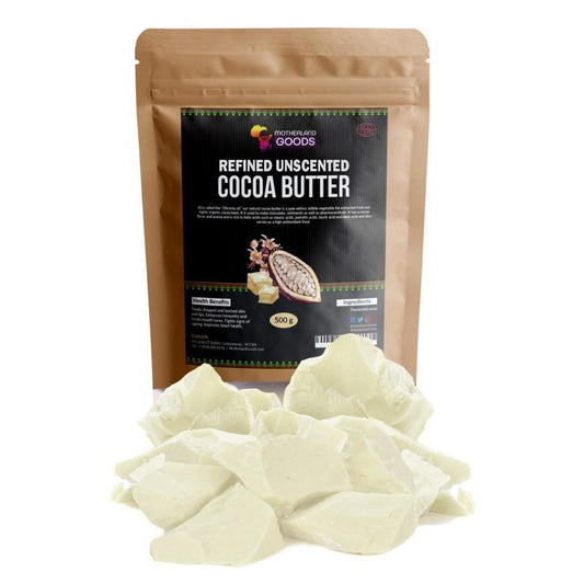 Motherland Goods Deodorized Cocoa Butter Chunks - Refined Unscented Cacao From Ghana - Organic Body Moisturizer for Sensitive Skin, Anti-Aging, Scars & for DIY & Craft Projects - (1 LB- No Smell)
