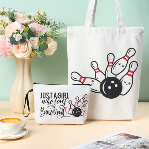 Sieral 2 Pcs Bowling Gifts for Women Just a Girl Who Loves Bowling Canvas Cosmetic Makeup Bag and Tote Bag Funny Gifts for Women Friends Sister Christmas