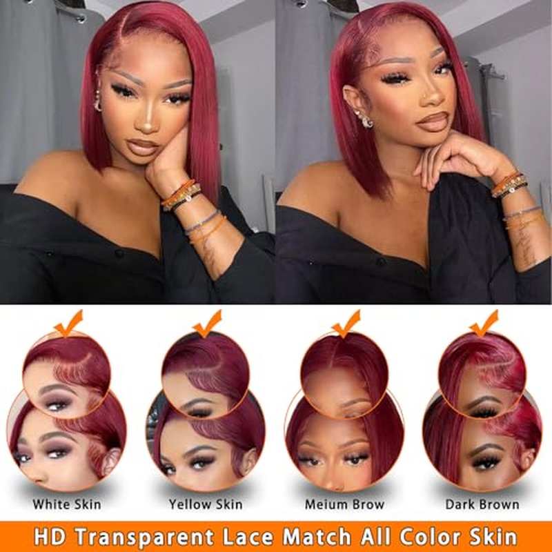 99j Burgundy Bob Wig Human Hair 13x4 Lace Front Wigs 12 Inch Short Straight Wine Red Bob Wig Pre Plucked 180% Density Natural Hairline Wigs for Black Women