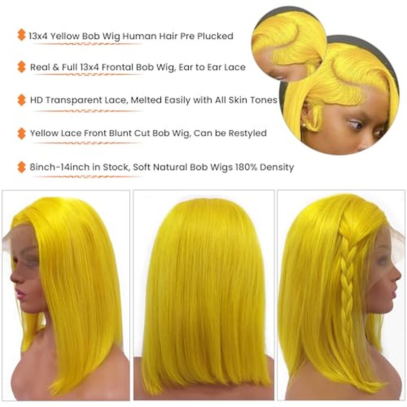 Yellow Bob Wigs Human Hair Straight 13x4 HD Transparent Lace Front Wigs Human Hair Colored Glueless Wig Pre Plucked 180% Density 8 Inch Short Yellow Bob Lace Wig Free Part