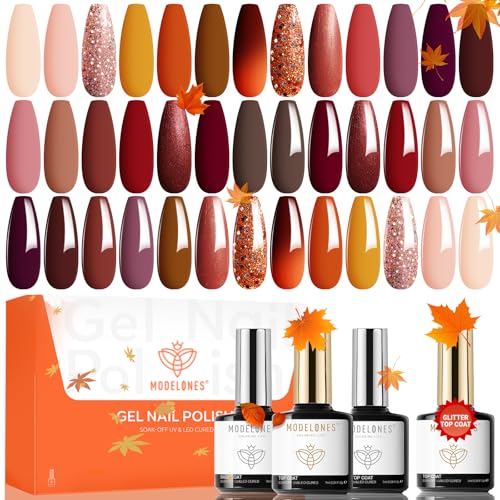 modelones 24 PCS Gel Nail Polish Kit, 20 Colors Fall Pink Brown Nude Orange Gel Polish Set with Glitter, Glossy and Matte Top Base Coat Home DIY Manicure Nail Art Design Gifts