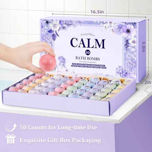 TranquilBliss Bath Bombs for Women, 50 PCS Set with 10 Rich Scents, Natural Bubble Bathbombs, Dry Skin Moisturizing, Present for Christmas, Mother¡¯s Day, Birthday, for Mom, Wife, Her, Girls