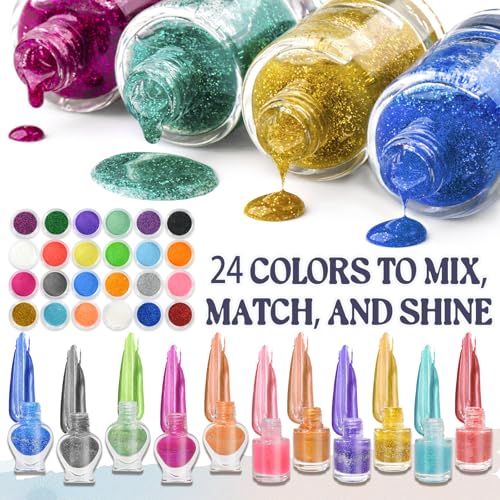 Nail Polish Making Kit, JCOOS DIY Nail Kit for Beginners With Everything, 12 Empty Nail Polish Bottles with Brush, 24 Pigment, Fun Nail Polish Kit, Christmas Gifts for Kids Nail Polish Set for Girls