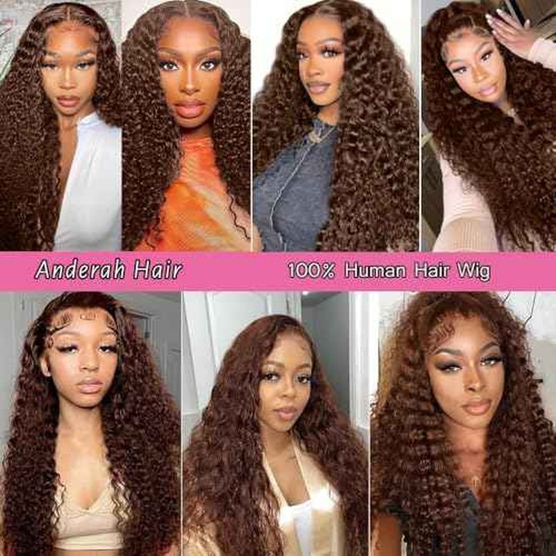 Anderah 30Inch Chocolate Brown Deep Wave Lace Front Wigs Human Hair 200 Density 13x6 HD Lace Frontal Wigs Curly Human Hair Wig For Women Pre Plucked with Natural Hairline 4# Brown Color