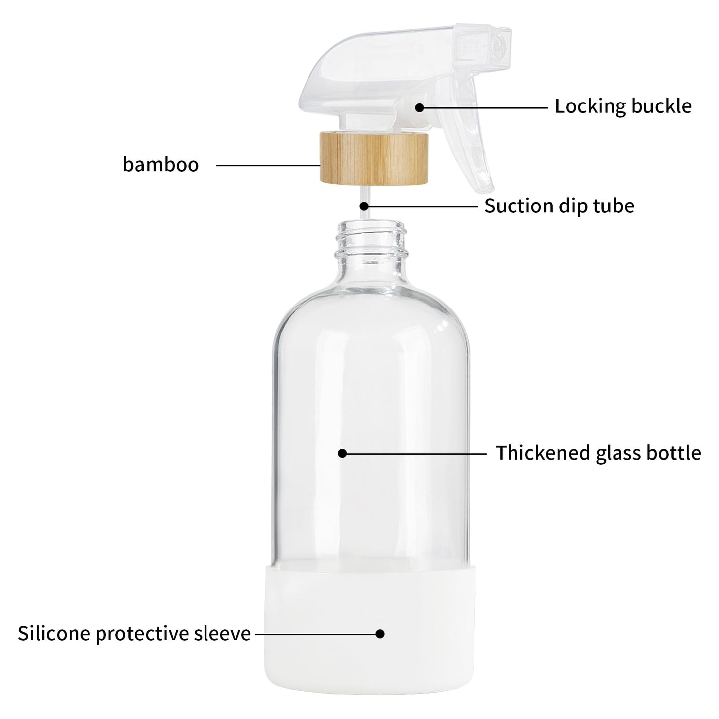 HOMBYS Empty Bamboo Glass Spray Bottles with Silicone Sleeve Protection - Refillable 17 oz Clear Glass Containers for Cleaning Solutions, Essential Oils, Misting Plants - Quality Sprayer - 3 Pack