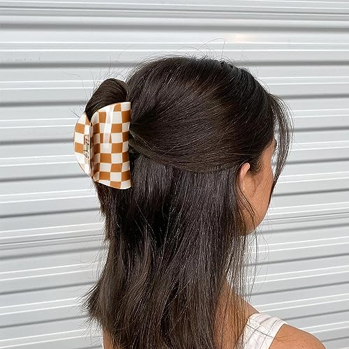 Brown & White Checkered Hair Clips, 3 Pack - Includes Square, Semicircle, and Rectangle Claw Clips for Thick or Thin Hair, Hair Accessories for Women and Girls