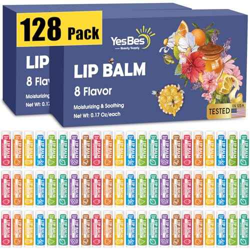 128 Pack Lip Balm, Natural Lip Balm Bulk with Vitamin E and Coconut Oil, Moisturizing Lip Balms for Dry Cracked Lips, Lip Balms for Stocking Stuffers - 8 Flavors