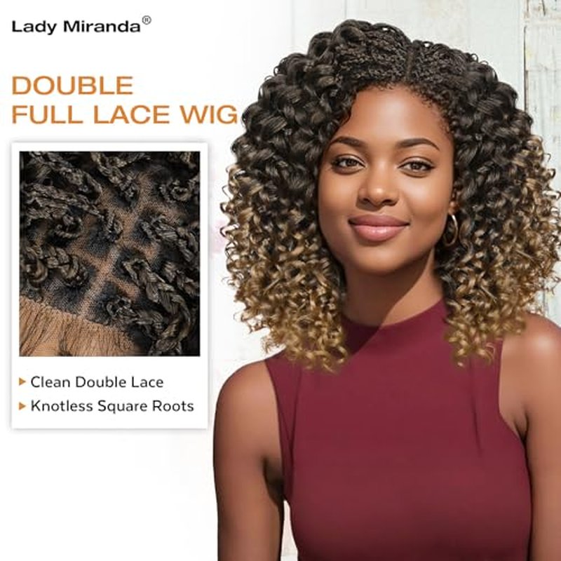 Lady Miranda Double Full Lace GoGo Curl Braided Wigs for Black Women Synthetic Lace Front Wigs Natural Knotless Curly Braided Wig with Baby Hair(1B/27, 12 Inch)