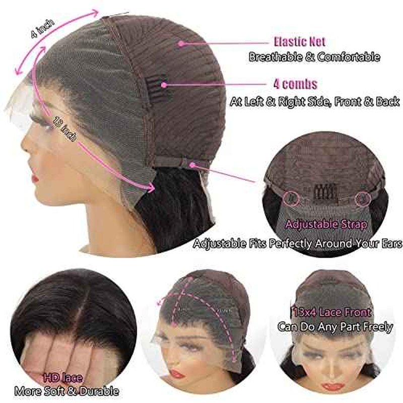 30 Inch Deep Wave Lace Front Wigs Human Hair 180% Density 13x4 HD Transparent Lace Frontal Wigs for Women Curly Glueless Wigs Human Hair Pre Plucked with Baby Hair (30inch,Natural Black)