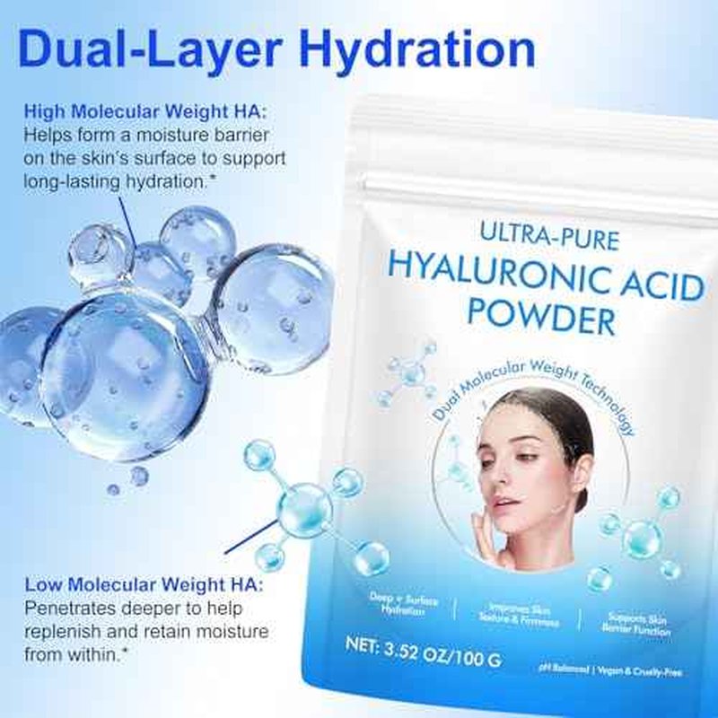 100% Pure Hyaluronic Acid Powder for Face & Joints, Dual Molecular Weight for Deep Hydration, Anti-Aging, DIY Serum Ingredient, Fragrance-Free, Vegan, 1 Scoop = 1 Bottle of Essence, 3.52 Oz