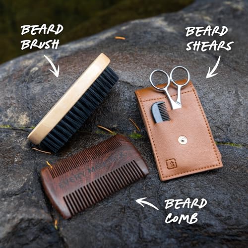 Every Man Jack Beard Grooming Tool Set - Dual Tooth Comb, Medium Stiffness Brush, Stainless Steel Sheers with Mini Comb - Complete Your Routine, Travel Friendly