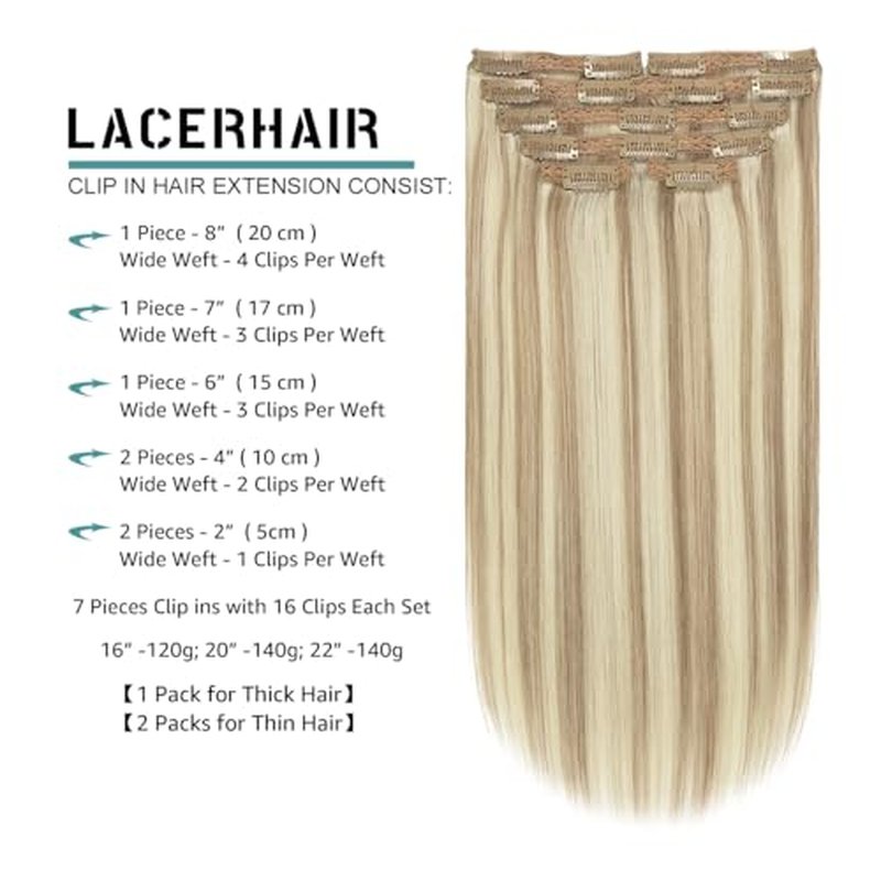 Lacer Clip In Hair Extensions Real Human Hair Soft Virgin Light Brown Highlighted Platinum Blonde Human Hair Clip in Extensions Thick Full Head 120g 7 Pieces 18 Inch