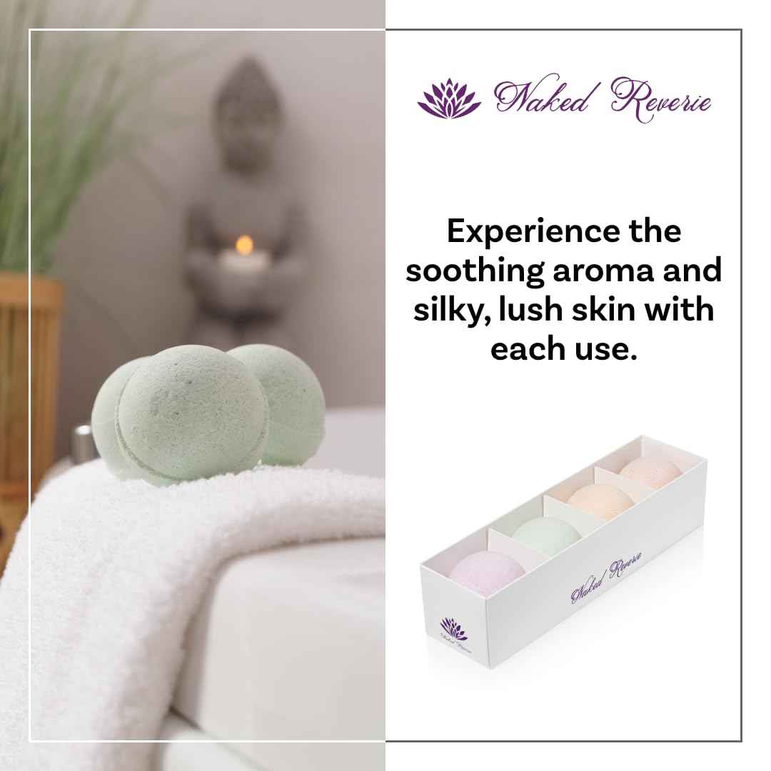 Bath Bomb Gift Set for Women: USA Made All-Natural, Organic Essential Oils, Epsom Salt, and Shea Butter: 4 Extra Large (8 oz) Bath Bombs for Longer Fizz: Safe for Sensitive Skin by Naked Reverie