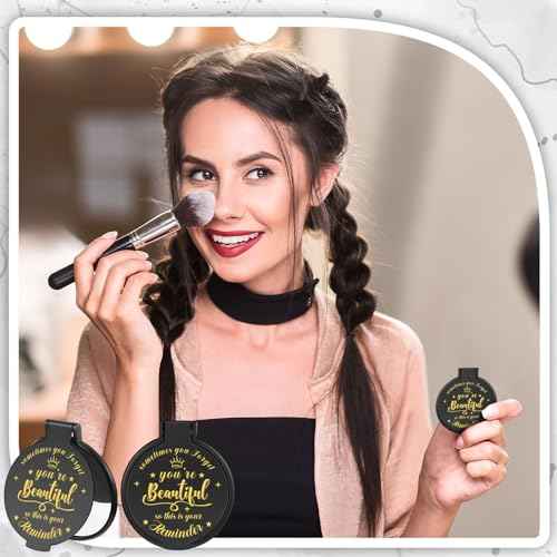 100 Pcs 2.76 Inch Inspirational Compact Mirror Bulk Party Favors Quinceanera Gift Purse Small Mirror Pocket Mini Gifts for Women Adult Coworker Halloween Christmas Friends (Black)