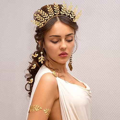 WILLBOND 15 Pieces Greek Goddess Costume Accessories Women Toga Golden Leaves Bridal Crown Headband Bracelet Pearl Earrings and Hair Pins