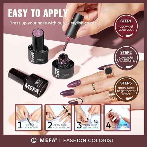 MEFA Fall Gel Nail Polish Set, 12 Colors Burgundy Red Nail Polish Set Champagne Gold Glitter Nail Polish Gel Soak Off Dark Red Purple Shimmer Nude Brown Manicure Gifts for Women Girl DIY Salon Home