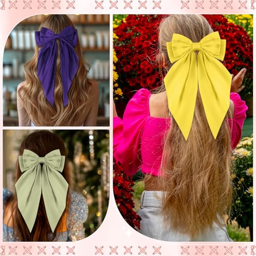 Hoteam 12 Pcs Silky Satin Oversized Hair Bows Bulk Big Hair Bows for Women Long Tail Large Bowknot Barrettes Hair Barrettes Clips Ribbon Bows Hair Accessories Gifts (Vibrant)