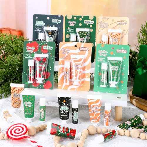 Loopeer 48pcs/24sets Christmas Hand Cream and Lip Balm Gift Sets for Women Travel Hand Lotions Moisturizing Lip Care Lipstick for Dry Cracked Christmas Stocking Stuffer Xmas Bulk Gift Coworker Adult
