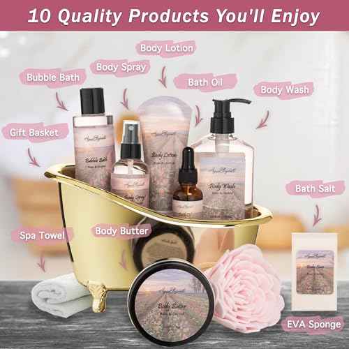 Spa Gift Baskets For Women - Luxury Bath Set With Rose Oil & Orchid - Spa Kit Includes Body Wash, Bubble Bath, Lotion, Body Butter, Soap, Body Spray, Shower Puff, and Towel