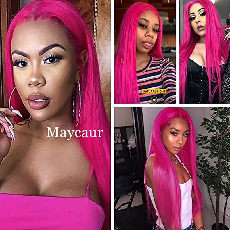 Maycaur Long Straight Hot Pink Lace Front Wigs Pre Plucked Hairline Glueless Hair Rose Red Synthetic Lace Front Wigs for Fashion Women Heat Resistant Fiber