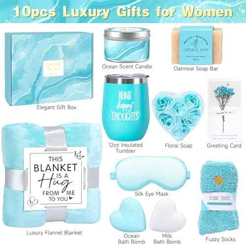 Birthday Gifts for Women, Christmas Self Care Gifts Get Well Soon Gifts Basket, Ocean Relaxing Spa Gifts Care Package w/Luxury Flannel Blanket, Unique for Mom Her Friend Sister