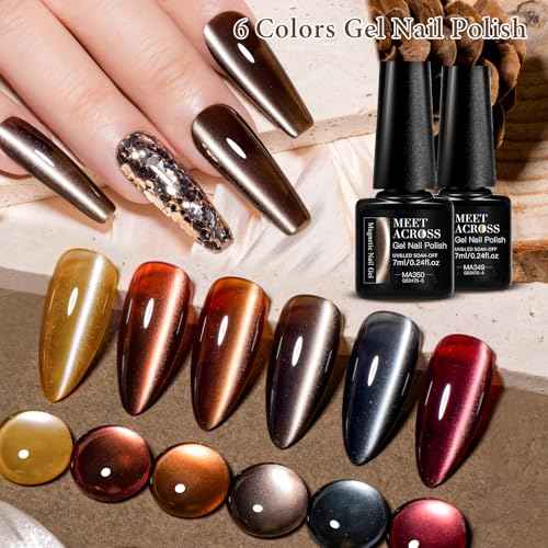 MEET ACROSS Amber Cat Eye Gel Polish Set Brown Glitter Gel Polish Kit Nude Cat Eye Gel Nail Polish Magnet Translucent Soak Off UV Cateye Nail Polish with Magnet Fall and Winter Gifts