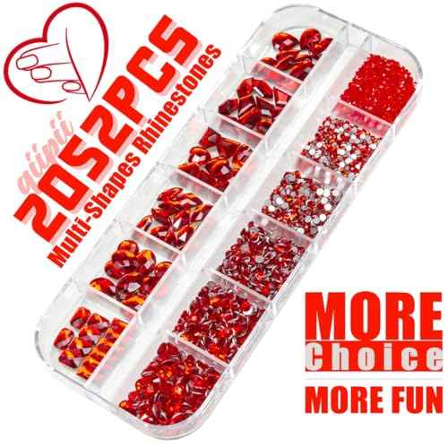 2052Pcs Red Nail Art Rhinestones Multi Shapes Crystal Flatback Rhinestones Gems Siam Red Round Beads K9 Glass Stones Diamonds Jewels Nail Art Supplies Charms for Nails Faces Eyes Makeup Crafts