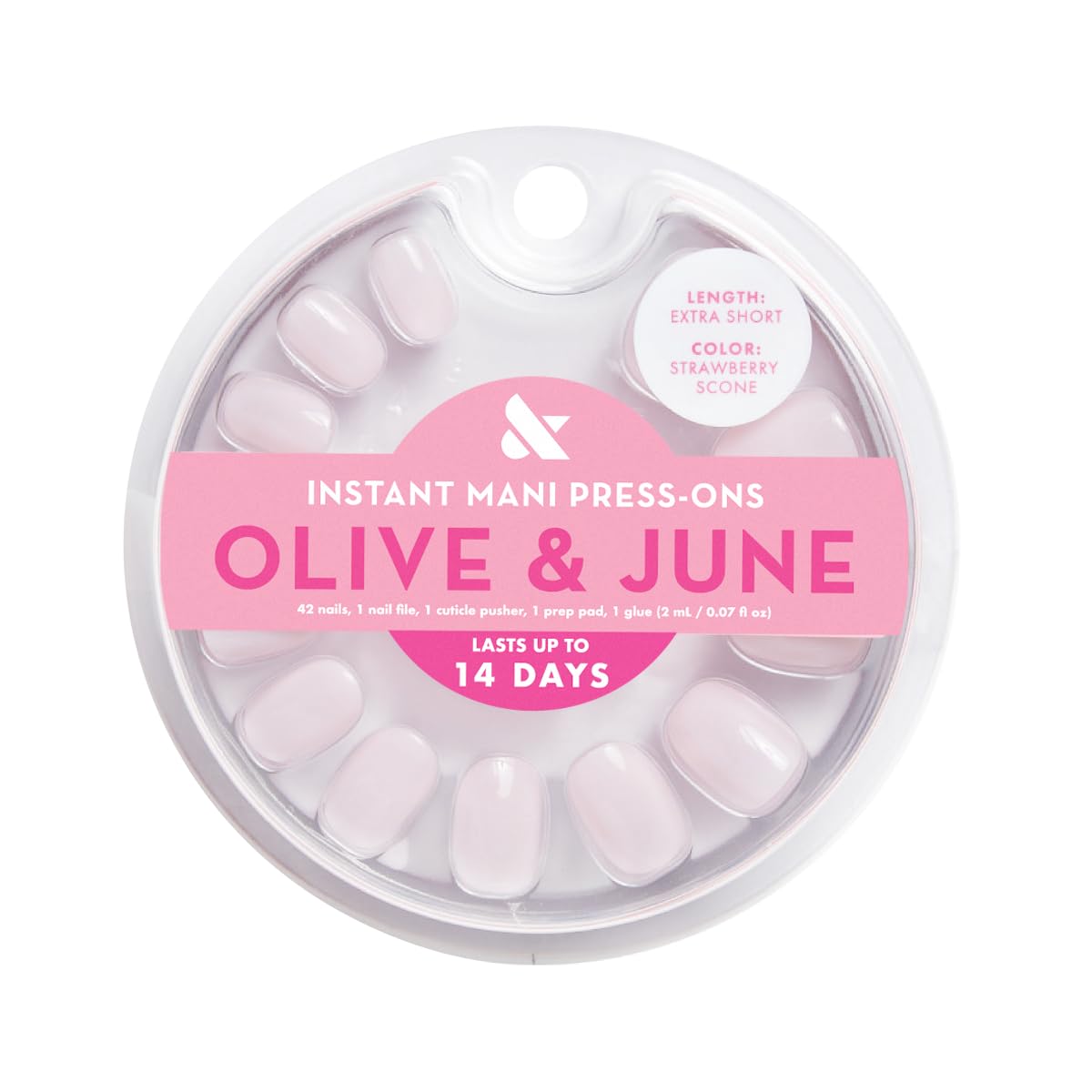 Olive & June Instant Mani Press-On Nails (Glue) | 42 Fake Nails, 21 Sizes | Non-Toxic, Long-Lasting Recycled Materials Realistic Look | Salon-Quality at Home | Extra Short, Round | Strawberry Scone