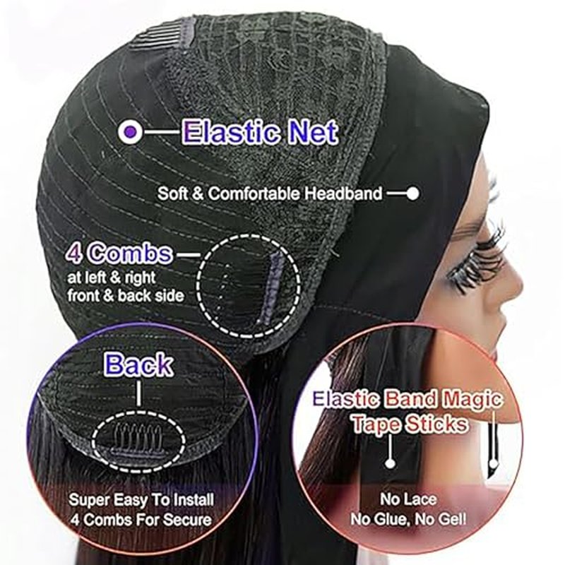 Headband Wig Human Hair Straight Chocolate Brown 18 Inch Headband Wigs for Black Women Glueless None Lace Front Wig Brazilian Virgin Human Hair Wigs 150% Density
