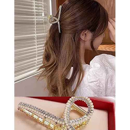 Large Pearl Rhinestone Metal Hair Claw Clips for Thick Hair - Nonslip, Strong Hold, Gold (6 Pcs)