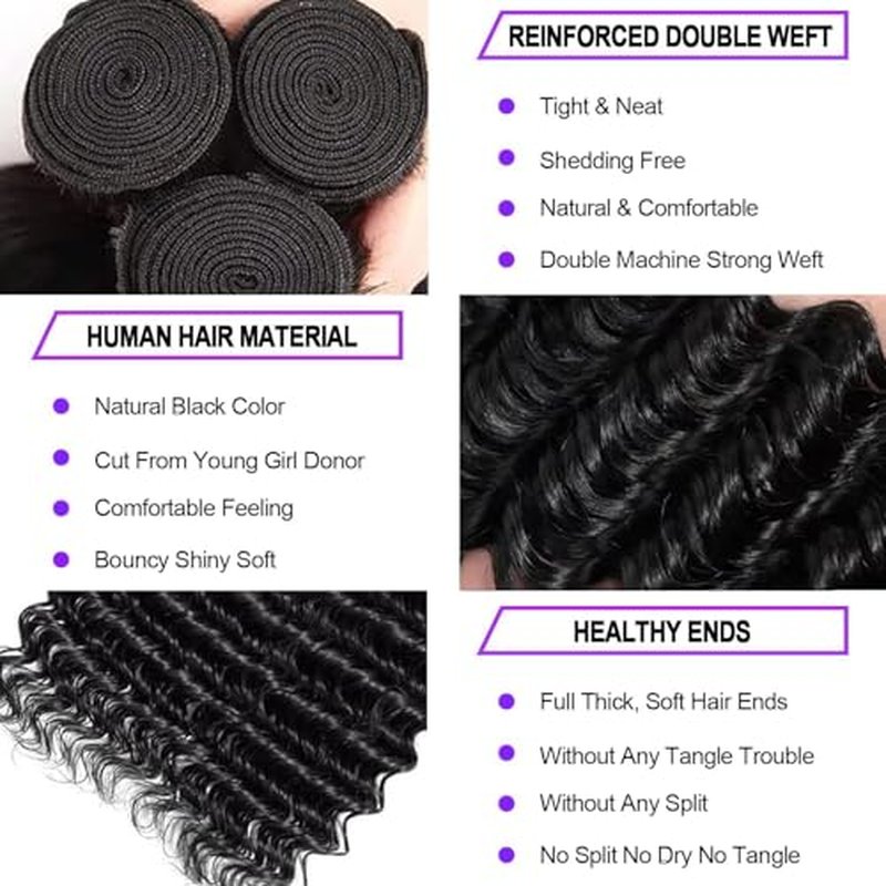 12A Brazilian Deep Wave Human Hair 3 Bundles 10 12 14 Inch 100% Unprocessed Brazilian Virgin Human Hair Weave Bundles Curly Wave Hair Extensions Natural Color