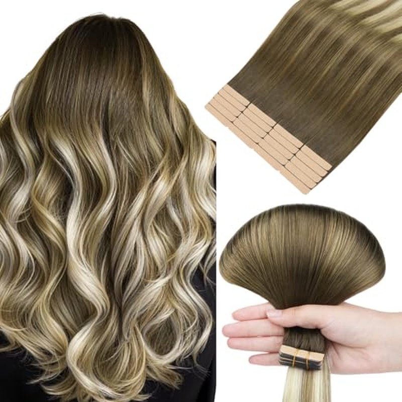 HOTBANANA Tape in Hair Extensions, 20 Inch 20pcs 50g Ombre Walnut Brown to Ash Brown and Bleach Tape in Hair Extensions Human Hair Straight Remy Human Hair Tape in Extensions