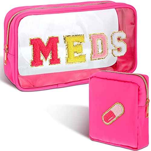 Hillban 2 Pcs Medicine Chenille Letter Bag Preppy Clear Nylon Portable Makeup Meds Cases for Travel PVC Transparent Mini First Aid Storage Bag Gift for Christmas Women(Lovely)