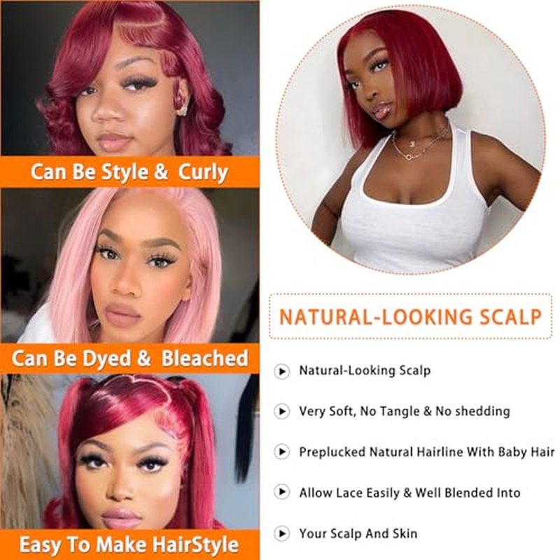99j Burgundy Bob Wig Human Hair 13x4 Lace Front Wigs 12 Inch Short Straight Wine Red Bob Wig Pre Plucked 180% Density Natural Hairline Wigs for Black Women