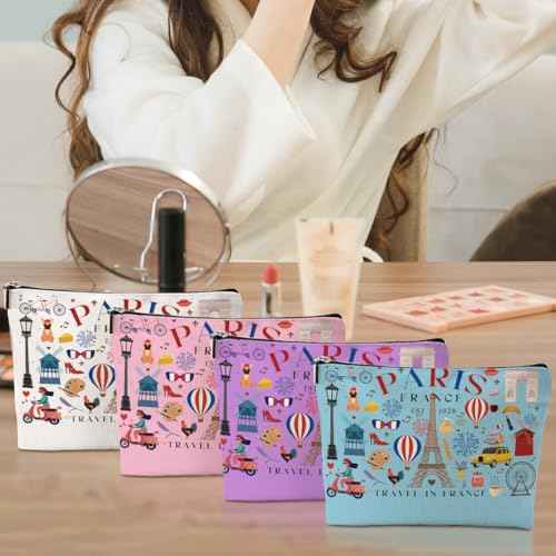 4pcs Funny Paris Travel Gifts for Women Makeup Bag France Paris Lovers Gift Birthday Mothers Day Christmas Cosmetic Bag Toiletry Bags Travel Essentials Friendship Gifts for Girls Friend Travelers