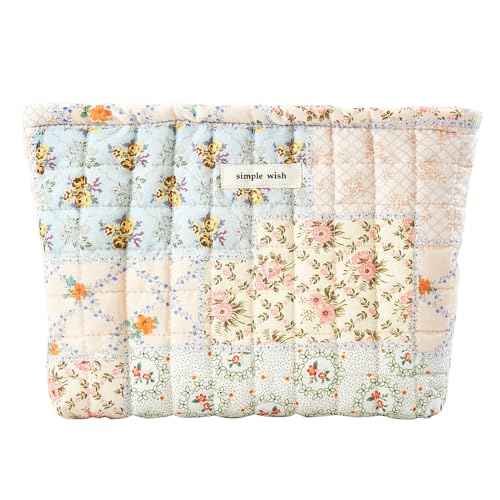 Floral Makeup Bag Pouch - Large Capacity Quilted Cosmetic Organizer for Travel Daily, Aesthetic Cottagecore Cotton Toiletry Purses with Zipper, Portable Gift for Women (Blue Floral-L)