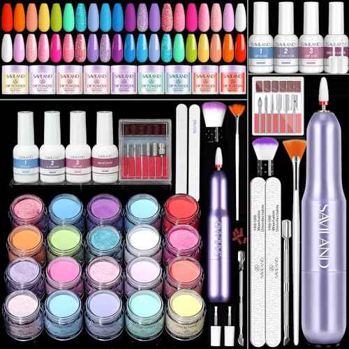 SAVILAND Dip Powder Nail Kit with Drill - 20 Colors Summer Neon Dip Nails Powder Starter Kit with Everything Dip Liquid Dipping System Base Top Coat Activator for Dip Manicure Art Salon DIY