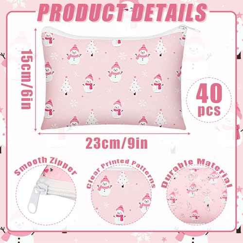 40 Pcs Pink Christmas Theme Makeup Bags Bulk Xmas Trees Snowman Snowflake Zipper Pouch Purse Christmas Cosmetic Gifts Xmas Party Favors for Women Employee Gifts Coworker Nurse Teachers