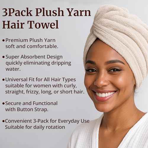 3 Pack Plush Yarn Hair Towel Wrap for Women, Super Absorbent & Quick Drying Turban, Anti Frizz Head Towel for Long, Thick, Curly Hair with Secure Button