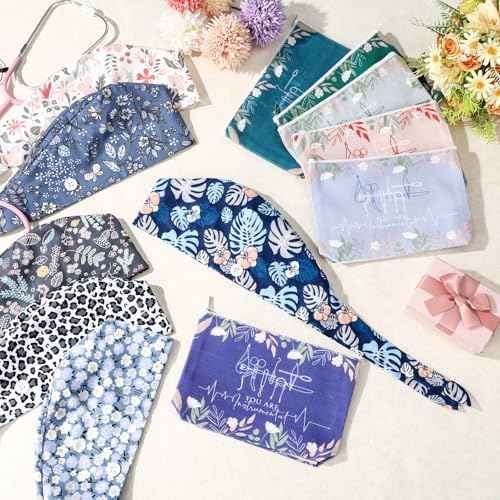 12 Pcs Nurse Appreciation Gift Set Adjustable Scrub Caps with Canvas Makeup Bags Christmas Thank You Gift Bulk for Nurse Doctor Staff Medical Surgical Technologist Holiday Party Favors