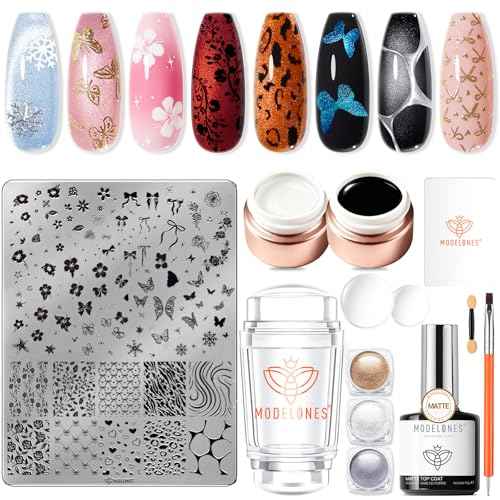 modelones 16 PCS Gel Nail Stamping Plate Set, French Tip Tool Gold Silver Pearl Chrome Powder Proof Matte Top Coat 2 Color Painting Gel Polish Nail Brush Winter Christmas Nail Art Manicure Gift Kit