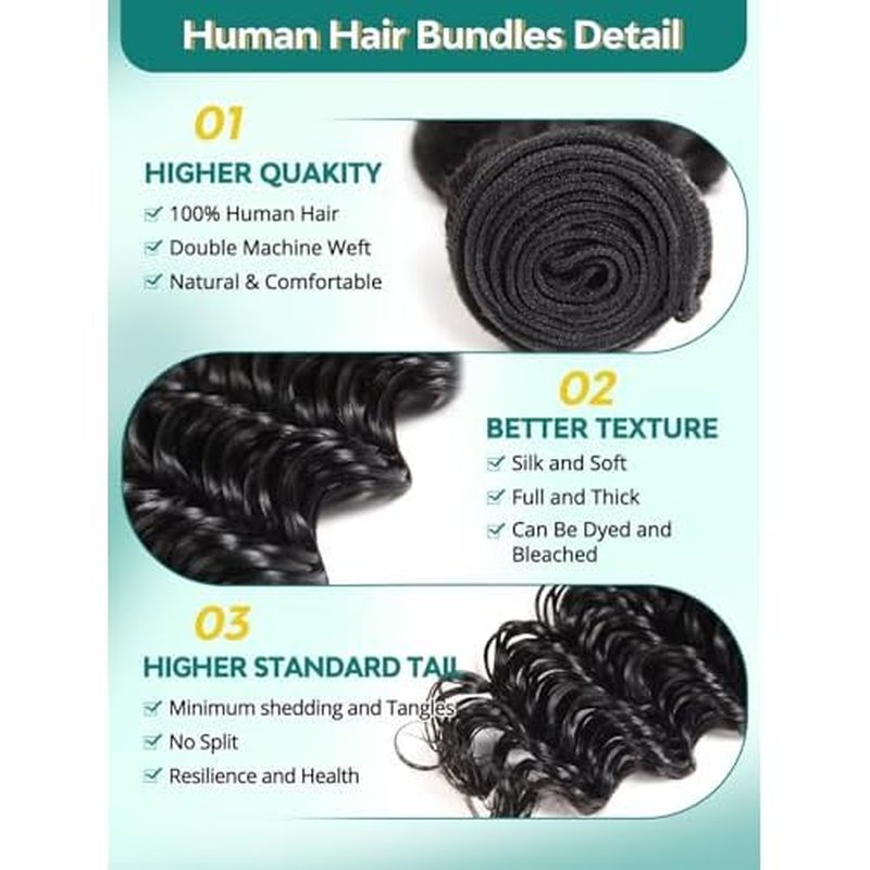 12A Deep Wave Human Hair Bundles 16 Inch Raw Curly Bundles Human Hair 100% Unprocessed 1 Bundles Brazilian Virgin Human Hair Extensions Quick Weave Natural Black Color